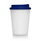 White reusable cup with a blue lid, shown on a plain white background.