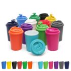 Colorful reusable cups with lids arranged together, with more colors shown in a row below.