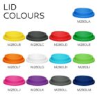 Twelve colorful plastic lids labeled with codes, arranged in three rows on a white background.