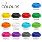 Thirteen reusable cup lids in assorted colors, each labeled with a product code.