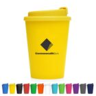 Yellow reusable coffee cup with Commonwealth Bank logo, shown with lids in various colors below.