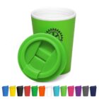 Green reusable coffee cup with lid, rotary logo, and various colored cups displayed below.