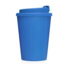 A blue reusable coffee cup with a matching lid against a white background.
