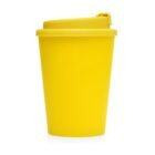 A bright yellow reusable cup with a lid, shown on a white background.