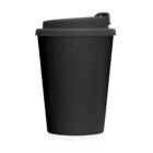A black reusable coffee cup with a lid on a white background.