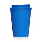 Blue reusable coffee cup with a lid on a white background.