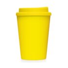 Bright yellow reusable cup with a matching lid, photographed on a white background.