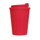 A plain red reusable coffee cup with a matching lid on a white background.