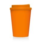 Orange reusable coffee cup with lid, isolated on a white background.