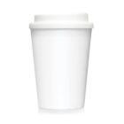 A plain white disposable coffee cup with a white lid on a white background.