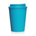 A bright blue reusable travel cup with a matching lid on a white background.