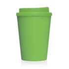 Green reusable travel coffee cup with a lid, isolated on a white background.