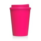 Bright pink reusable travel coffee cup with a matching lid on a white background.