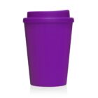 A plain purple reusable travel coffee cup with a matching lid on a white background.