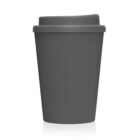 A gray reusable travel coffee cup with a matching lid, shown on a white background.