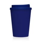 A plain, dark blue reusable coffee cup with a matching lid on a white background.
