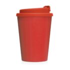 Red reusable coffee cup with a matching red lid, shown against a white background.
