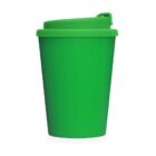 Green reusable coffee cup with a matching green lid, isolated on a white background.
