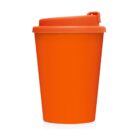 Bright orange reusable travel cup with a matching orange lid on a white background.