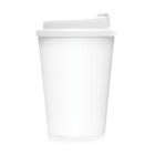 White disposable coffee cup with a plastic lid on a plain white background.