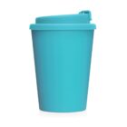 A plain turquoise reusable coffee cup with a matching lid, on a white background.