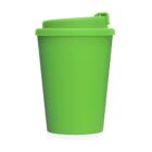 Green reusable coffee cup with a lid, isolated on a white background.