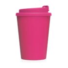 A pink reusable travel coffee cup with a lid, standing upright on a white background.