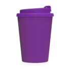 Purple reusable travel coffee cup with a lid, isolated on a white background.