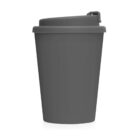 Matte dark gray reusable coffee cup with a closeable lid, shown on a white background.