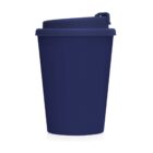A plain dark blue reusable coffee cup with a matching lid.