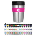 Reusable travel mugs in various colors, with one silver and pink mug shown larger above the rest.