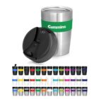 Stainless steel travel mug with a green band and black lid, shown in various color options.
