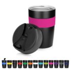 Black travel mugs with colored bands and lids in various colors, one with a pink band in front.