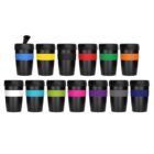 Twelve reusable travel mugs with different colored bands, arranged in two rows.