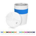 Reusable cup with a blue band and lid, shown with various band colors below.