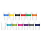 Thirteen white travel mugs, each with a different colored band around the middle.