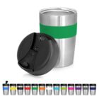 Stainless steel travel mug with green band and black lid, shown with various color options.