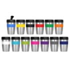Thirteen silver travel mugs with black lids and colored bands in various colors.