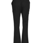 Back view of black scrub pants with pockets and an elastic waistband.