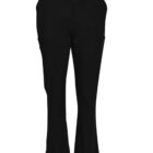 Black scrub pants with front pockets and a drawstring waist, displayed on a white background.