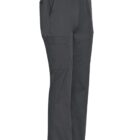 Dark gray cargo scrub pants with multiple pockets and a drawstring waist, shown from the side.