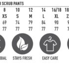 Size chart for ladies scrub pants with icons for fabric features and care instructions.