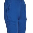 Blue cargo scrub pants with side pockets, shown from the waist to the knees.
