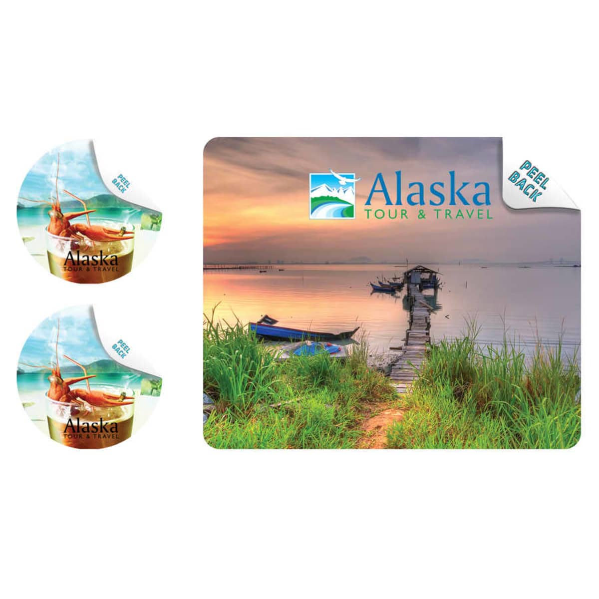 Alaska Tour & Travel ad with lakeside dock scene and two round promo stickers.