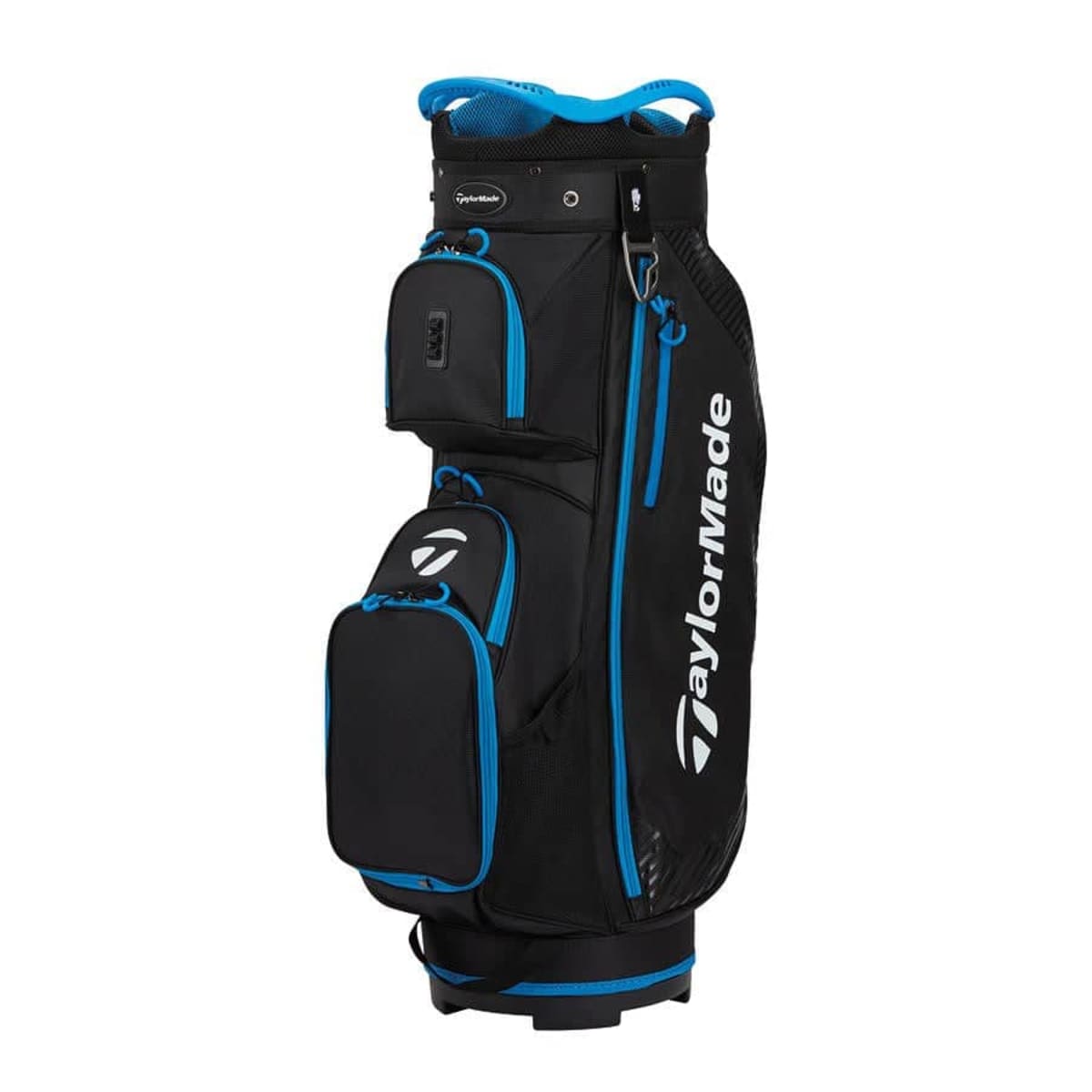 Black TaylorMade golf bag with blue accents. It features multiple zippered pockets and compartments, with the TaylorMade logo visible in white. Designed for carrying golf clubs and accessories.