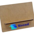 A brown wooden stand with Binned and a blue-green logo printed on the front.