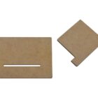Two rectangular brown MDF pieces, one with a slot, one with a corner notch, on white background.
