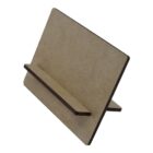 A plain wooden phone or tablet stand with a simple, angled design.