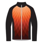 Jacket with black sleeves and an orange, diamond-patterned design on the front.
