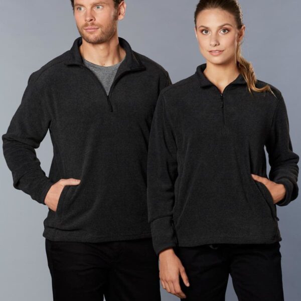 Two people wearing matching dark fleece pullovers, standing side by side against a gray background.